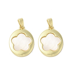 Real 18K Gold Plated Brass Pave Shell Pendants, Oval with Flower Charms, Real 18K Gold Plated, 20.5x15x2mm, Hole: 3x4mm