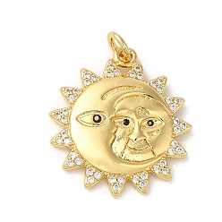 Real 18K Gold Plated Sun & Moon Rack Plating Brass Micro Pave Clear Cubic Zirconia Pendants, with Jump Ring, Long-Lasting Plated, Lead Free & Cadmium Free, Real 18K Gold Plated, 21.5x19.5x2.5mm, Hole: 3mm