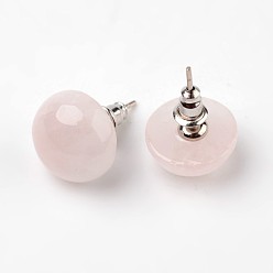 Rose Quartz Half Round Dome Natural Rose Quartz Stud Earrings, with Platinum Plated Brass Findings, 18mm, Pin: 0.8mm