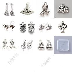 Antique Silver 88Pcs 11 Styles Magic Theme Tibetan Style Alloy Pendants, Mixed Shapes, Antique Silver, 9.5~27x8.7~24x1.7~15mm, Hole: 1.2~2.5mm, 8pcs/style