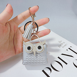 silver Cute Cartoon Owl Bag Charm with Tassel Fringe for Women's Car Keychain Pendant