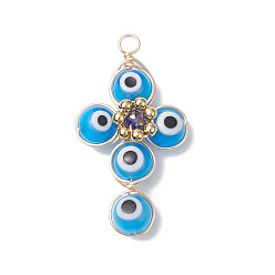 Dodger Blue Brass Wire Wrapped Handmade Evil Eye Lampwork Pendants, with Glass Beads, Cross Charm, Dodger Blue, 40x24x8.5mm, Hole: 3mm