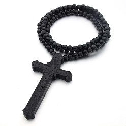 Black Wood Cross Pendant Necklace with Round Beaded Chains for Men Women, Black, 35.43 inch(90cm)