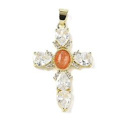 Солнечный Камень Подвески из натурального солнечного камня, подвески-кресты из латуни с прозрачным кубическим цирконием, реальный 18 k позолоченный, долговечный, стойки покрытие, 39x25x4.5 мм, отверстие : 6x4 мм
