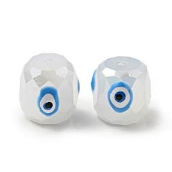 Deep Sky Blue Opaque Glass Beads, with Enamel, Faceted, Drum with Evil Eye Pattern, Deep Sky Blue, 10.5x10.5mm, Hole: 1.6mm
