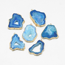 Dodger Blue Natural Druzy Agate Pendants, with Golden Tone Iron Findings, Dyed, Nuggets, Dodger Blue, 20~60x13~50x4~8mm, Hole: 1~4mm