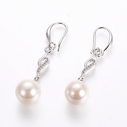 Platinum Brass Dangle Earrings, with Clear Cubic Zirconia and Shell Pearl, Long-Lasting Plated, Platinum, 43.5mm, Pin: 1mm