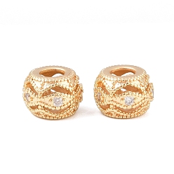 Light Gold Латунь микропаве прозрачный кубический цирконий европейский бисер, рондель, бусины с большим отверстием, стойки покрытие, долговечный, без свинца и без кадмия, золотой свет, 9x6 мм, отверстие : 4 мм