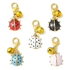 Mixed Color Ladybird Alloy Enamel Pendants Decoraiton, with Bell Charm and Zinc Alloy Lobster Claw Clasps, Mixed Color, 32mm, 5pcs/set