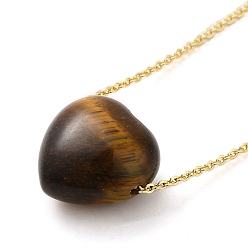 Tiger Eye Natural Tiger Eye Heart Pendant Necklace with Golden Alloy Cable Chains, 23.82 inch(60.5cm)