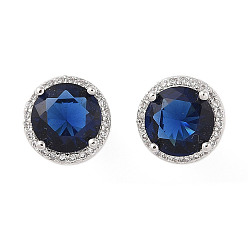 Морской Синий Серьги из латуни с микропаве и цирконием в стойке, долговечный, карат круглой формы, Marine Blue, 10 мм