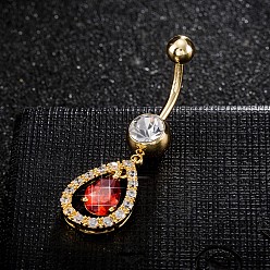 Red Piercing Jewelry, Brass Cubic Zirconia Navel Ring, Belly Rings, with 304 Stainless Steel Bar, Cadmium Free & Lead Free, Real 18K Gold Plated, teardrop, Red, 43x12mm, Bar Length: 3/8"(10mm), Bar: 14 Gauge(1.6mm)