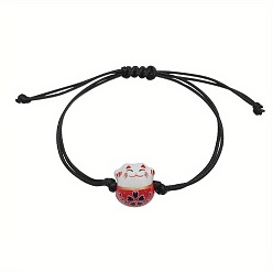 Cat Shape Porcelain Braided Bead Bracelets, Adjustable Waxed Cord Bracelets for Women, Cat Shape, Cat: 14.5x14mm