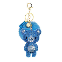 6. Blue Cute Bear Fur Ball Keychain with Rhinestone and Fluffy Pom-pom Pendant