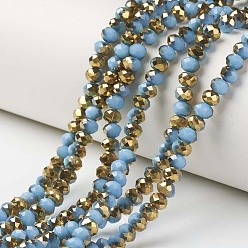 Sky Blue Electroplate Opaque Glass Beads Strands, Half Golden Plated, Faceted, Rondelle, Sky Blue, 6x5mm, Hole: 1mm, about 92~94pcs/strand, 17~17.5 inch(42.5~43.75cm)