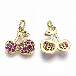 Real 16K Gold Plated Brass Micro Pave OldRose Cubic Zirconia Charms, with Jump Rings, Nickel Free, Cherry, Real 16K Gold Plated, 12.5x13x3mm, Jump Ring: 5x0.8mm, 3.4mm inner diameter