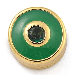 Зеленый Стойки обшивки латунь микро проложить кубического циркония бусы, с эмалью, без кадмия и без свинца, долговечный, реальный 18 k позолоченный, плоские круглые с сглаза, зелёные, 7.5x6 мм, отверстие : 1.8 мм