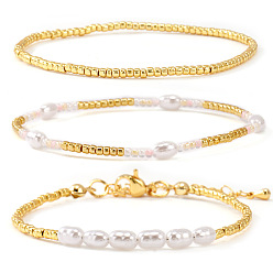 Золотистый 3 Набор эластичных браслетов из искусственного жемчуга для женщин, золотые