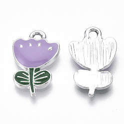 Фиолетовый Экологически чистые подвески из цинкового сплава, с эмалью, цветок, без кадмия, без никеля и без свинца, платина, фиолетовые, 19x12x2.5 мм, отверстие : 2 мм