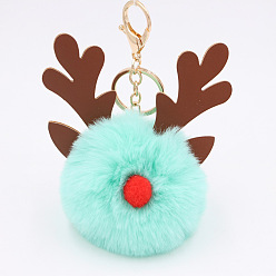 Pale Turquoise Christmas Deer Antler Pom-Pom Keychain with Plush Elk Charm for Women's Handbag Gift