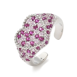 Орхидея Кольца-манжеты в форме сердца из латуни с микропаве из кубического циркония для женщин, без кадмия и без свинца, стойки покрытие, платина, сиреневые, 13 мм, внутренний диаметр: 19 мм