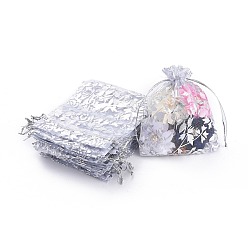 White Rose Printed Organza Bags, Gift Bags, Rectangle, White, 12x10cm