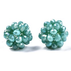 Medium Turquoise Electroplate Opaque Glass Round Woven Beads, Cluster Beads, AB Color Plated, Faceted, Medium Turquoise, 12~13mm, Hole: 1.5mm, Beads: 3.5x2.5mm