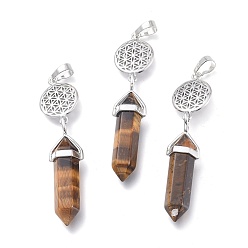 Tiger Eye Natural Tiger Eye Pointed Big Pendants, with Platinum Plated Brass Findings, Faceted, Bullet & Flower of Life, 59~67x14~15mm, Hole: 7x5mm