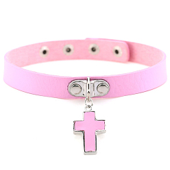 Pink PU Leather Adjustable Choker Necklace, Alloy Cross Pendant Necklace with Stainless Steel Snap Buttons for Women, Pink, 15.75 inch(40cm)