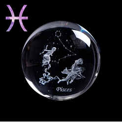 Pisces Inner Carving Constellation Glass Crystal Ball Diaplay Decoration, Paperweight, Fengshui Home Decor, Pisces, 80mm