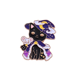 Black Cartoon Witch Cat with Mouse & Starry Sky Costume Enamel Pins, Golden Alloy Brooch for Women, Black, 32x26mm