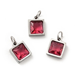 Crimson 304 Stainless Steel Pendants, with Cubic Zirconia and Jump Rings, Single Stone Charms, Square, Stainless Steel Color, Crimson, 9.5x8x3.5mm, Hole: 3.4mm