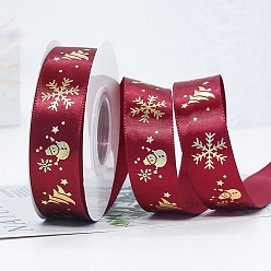 Dark Red 22M Flat Christmas Snowman Printed Polyester Satin Ribbons, Hot Stamping Ribbons, Dark Red, 1 inch(25mm), about 24.06 Yards(22m)/Roll