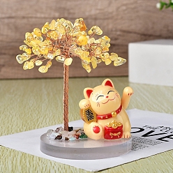 Citrine Natural Citrine Chips Tree of Life Decorations, Maneki Neko with Copper Wire Feng Shui Energy Stone Gift for Women Men Meditation, 120~130mm