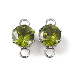 Olive 304 Stainless Steel Micro Pave Cubic Zirconia Connector Charms, Round, Olive, 11x6x5mm, Hole: 1.5mm