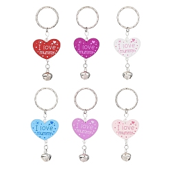 Mixed Color Wood Heart with Word I Love Mummy Keychains, with Iron Keychain Ring and Iron Bell Pendant, Mixed Color, 8cm
