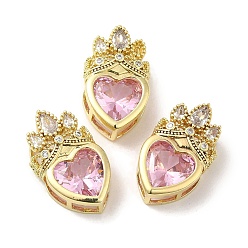 Pink Rack Plating Brass Cubic Zirconia Pendants, with Glass, Long-Lasting Plated, Lead Free & Cadmium Free, Real 18K Gold Plated, Heart, Pink, 21.5x13x8mm, Hole: 6x3mm and 4.5x3mm