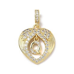 Letter Q Латунные микропаве прозрачные подвески с фианитом, крыло с буквенными подвесками, без свинца и без кадмия, долговечный, стойки покрытие, реальный 18 k позолоченный, Буква Q, 20.5x18x3.5 мм, отверстие : 4.5x3.5 мм