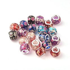 Mixed Color Transparent Printed Glass European Beads, Large Hole Beads, with Brass Silver Color Plated Core, Rondelle, Mixed Color, 12x10mm, Hole: 5mm