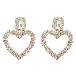 golden Sparkling Diamond Heart Earrings for Women - Glamorous Alloy Party Jewelry with Full Rhinestone Claw Chain
