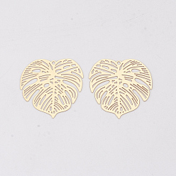 Light Gold Brass Pendants, Tropical Leaf Charms, Etched Metal Embellishments, Long-Lasting Plated, Monstera Leaf, Light Gold, 26x26x0.3mm, Hole: 1.2mm
