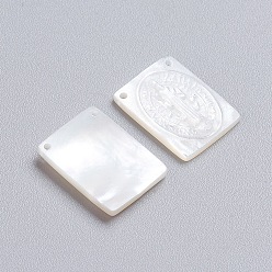 White Shell Natural White Shell Mother of Pearl Shell Pendants, Rectangle with Saint, 16x12x2~2.5mm, Hole: 0.9mm