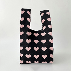 Черный Трикотажные сумки-тоут из полиэстера с принтом в виде сердца, женские сумки крючком с героями мультфильмов, чёрные, 36x20 см
