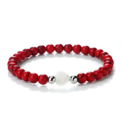 Синтетическая Бирюза Эластичный браслет с синтетической бирюзой и круглыми бусинами в форме сердца