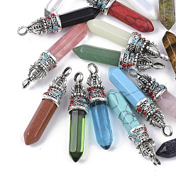 Mixed Color Natural & Synthetic Mixed Gemstone Pointed Pendants, with Tibetan Style Alloy Pendant Bails and Enamel, Bullet, 47.5~50.5x11x10.5mm, Hole: 4.5mm