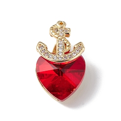 Red Real 18K Gold Plated Rack Plating Brass Micro Pave Clear Cubic Zirconia Pendants, with Glass, Long-Lasting Plated, Cadmium Free & Lead Free, Boat Anchor & Heart Charm, Red, 20x12x9mm, Hole: 6x2.5mm