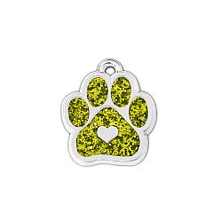Olive Drab Enamel Pendants, with Platinum Plated Alloy Findings and Glitter Powder, Dog Paw Prints with Heart, Olive Drab, 18.8x16.5x2.2mm, Hole: 1.5mm