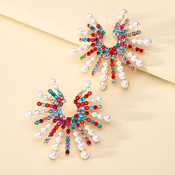 colorful Exaggerated Fashion Sunflower Alloy Imitation Pearl Crystal Earrings Luxurious Ear Jewelry
