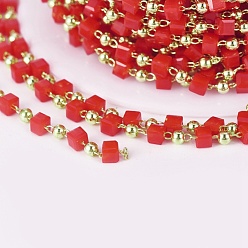 Red Handmade Glass Beaded Chains, Soldered, with Brass Findings, with Spool, Long-Lasting Plated, Golden, Cube, Red, 2.3~2.8x2.3~2.8x2.3~2.8mm, 2mm, about 32.8 Feet(10m)/roll
