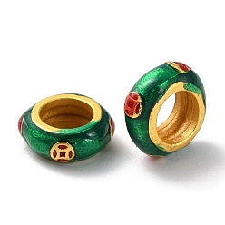 Green Rack Plating Alloy Enamel European Beads, Cadmium Free & Lead Free, Large Hole Beads, Rondelle, Matte Gold Color, Green, 10x4mm, Hole: 5.5mm